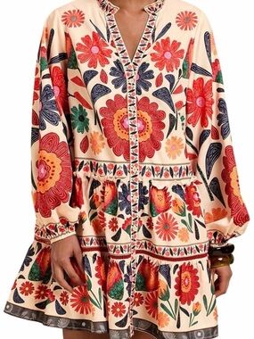 Floral Tiered Button-Front Dress in Peach and Red